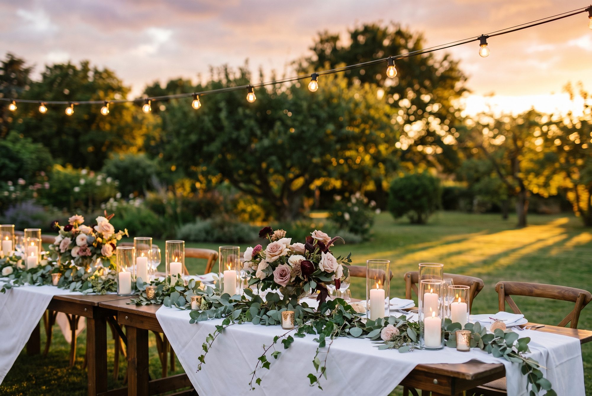 Festlich gedeckte Tafel im Abendlicht