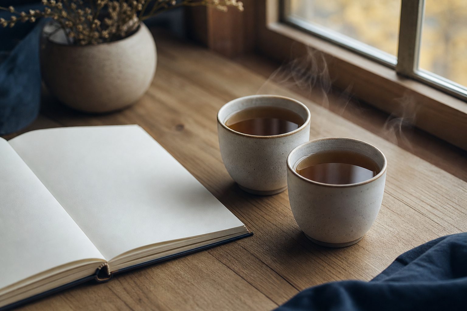 Zwei Teetassen und ein Notizbuch am Fenster